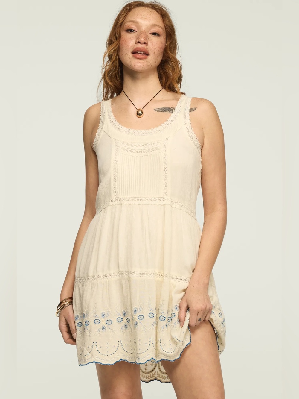 Lucky Brand White Sundress with Blue Floral Embroidery